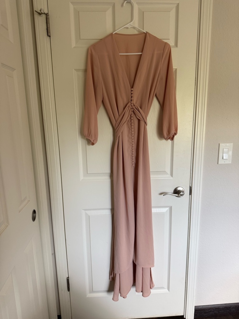 Women’s pink long sleeves v neck maxi Dress with belt